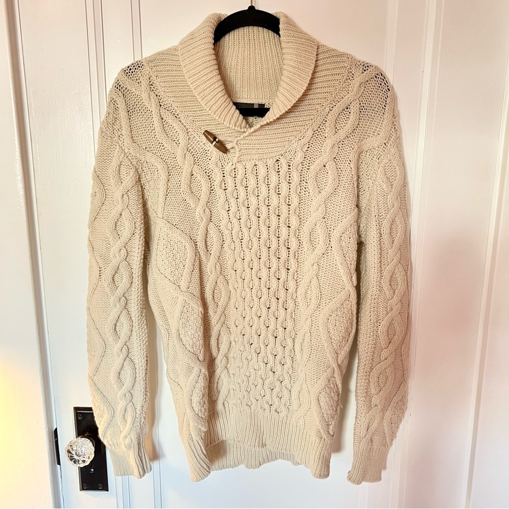 Fisherman Out of Ireland Wool Ivory Cable Knit Shawl Collar Sweater SZ XS​